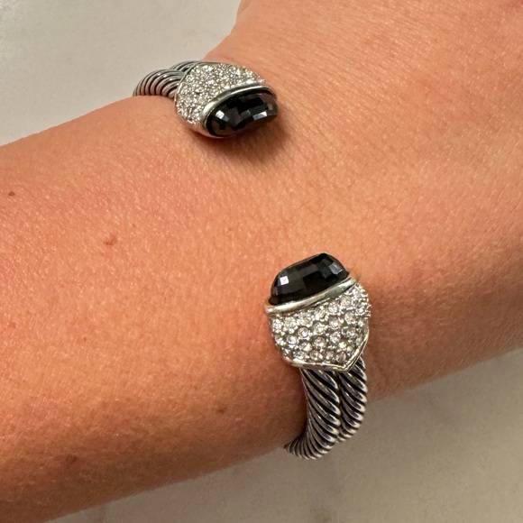 Cable Cuff Bracelet with Black Crystals and CZ, Silver Tone Adjustable Open Cuff - Picture 5 of 16